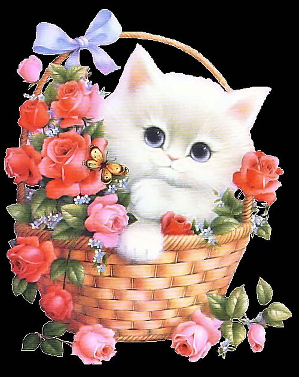 Открытка кот с цветами. Котенок в корзине с цветами. Котики в корзинке. Корзинка для кошки. Открытки с котятами.