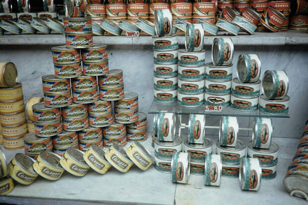 Russia, canned goods displayed in store window in Moscow Russia, canned goods displayed in store window in Moscow