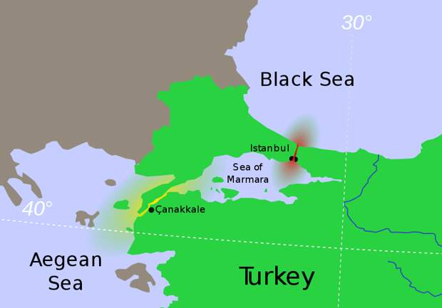 Проливы Босфор и Дарданеллы (обозначены красным и жёлтым цветом соответственно)