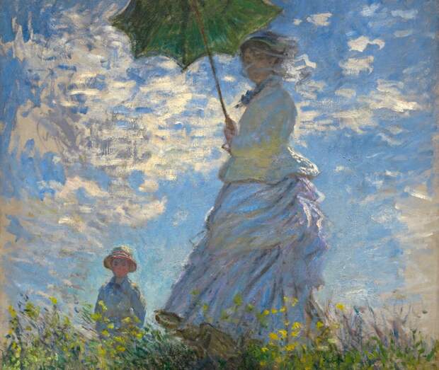 Фрагмент работы Клода Моне "Дама с зонтом. Мадам Моне с сыном.", 1875 г.
