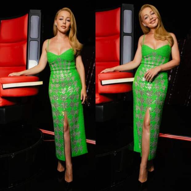 Тина Кароль в зеленом платье на тонких бретелях подразнила Дана Балана стройной фигурой