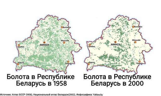 Сравнительная карта площади болот в Белоруссии до начала программы осушения и после ее завершения