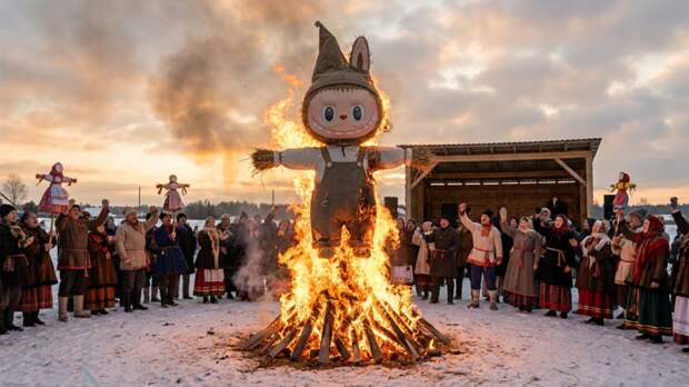 В Липецкой области на Масленицу сожгли чучело лабубу
