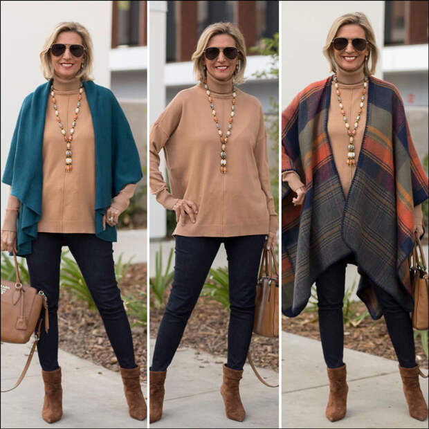 fall fashion for women camel turtle neck and teal cape vest