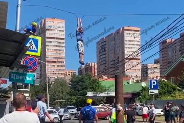 В Краснодаре мужчина залез на дорожный знак и качался на проводах