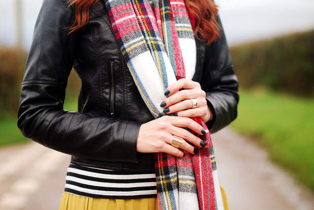 Biker jacket with tartan scarf and yellow maxi skirt