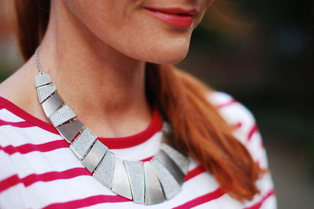 Red Breton stripes and silver statement necklace