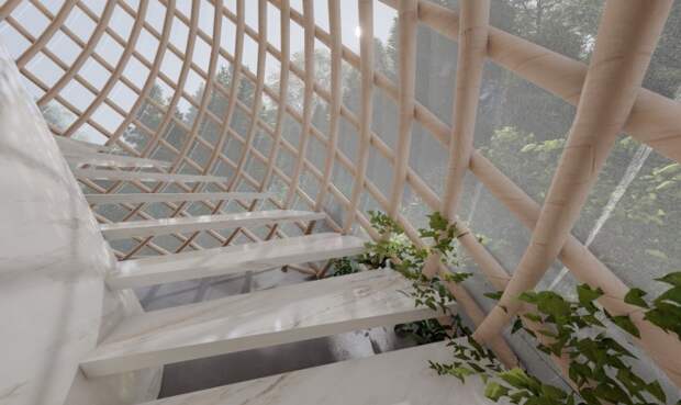 Винтовая лестница каждого модульного домика Cocoon Villas приведет на второй уровень, где расположена спальня (концепт GAS Architectures). | Фото: yankodesign.com.