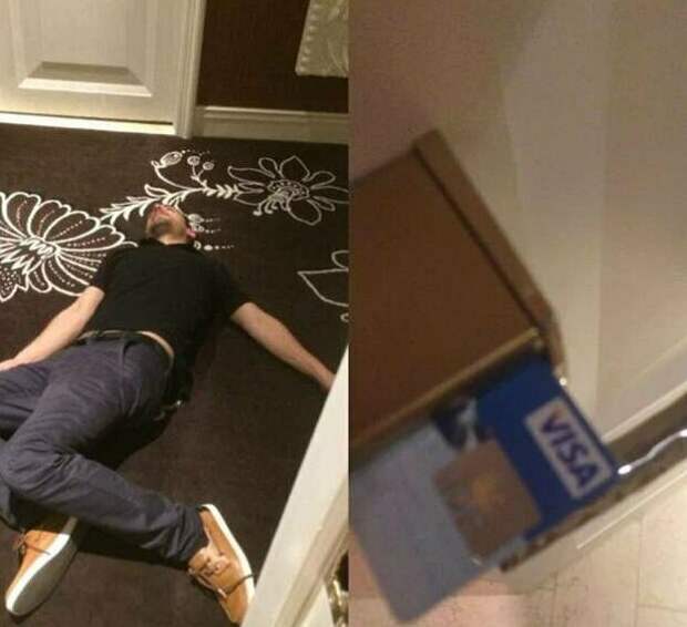 Я увидел этого парня на полу в отеле. Он напился и пытался попасть в номер, но ошибся с картой Я увидел этого парня на полу в отеле. Он напился и пытался попасть в номер, но ошибся с картой бред, вот тупизм, глупость, идиотизм, маразм, прикол, фото, юмор