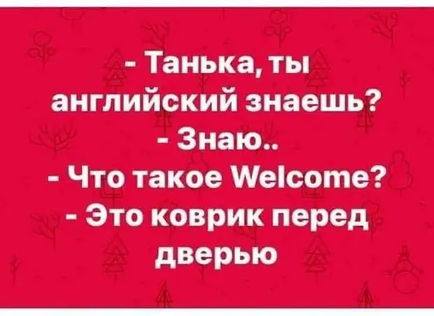 Возможно, это изображение (один или несколько человек и текст «-танька, ты английский знаешь? -знаю.. -что такое Welcome? -это коврик перед дверью»)