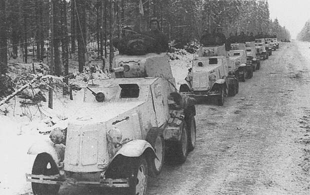 Бронеавтомобили БА-10 на марше после пересечения советско-финской границы. Карельский перешеек. военная техника, вторая мировая война, история