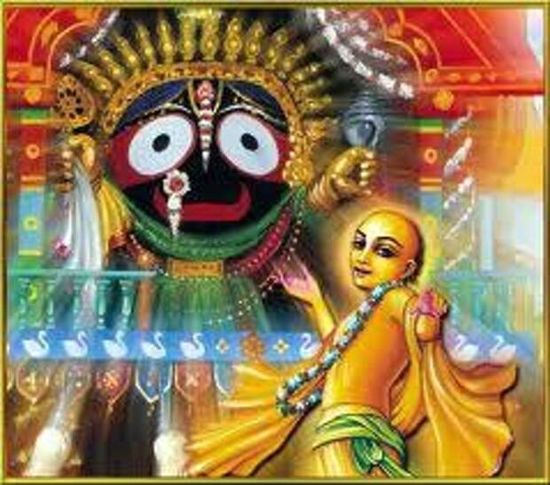 Шри Джаганнатха на алтаре и танцующий для Кришны Господь Шри Кришна-Чайтанья