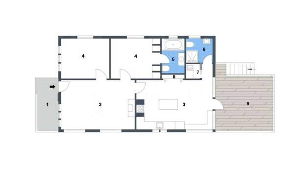 План дома 1. Крыльцо 2. Гостиная 3. Кухня-столовая 4. Спальни 5, 6. Ванная комната 7. Постирочная 8. Бар 9. Терраса