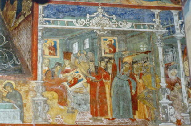 Алимпий Печерский, пишущий образ Богоматери и искушаемый дьяволом (фреска Рождественского собора в Ярославле)