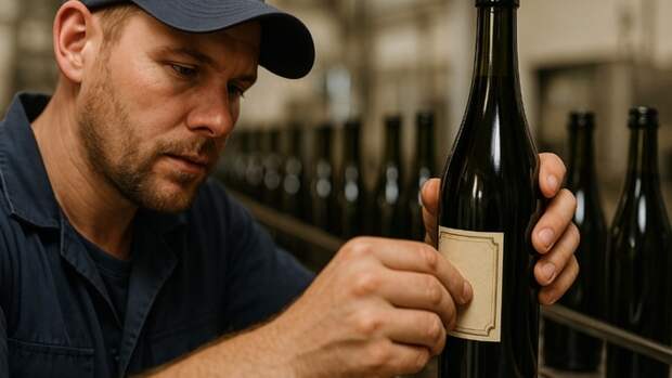 Мужчина приклеивает этикетку на бутылку / Изображение сгенерировано ИИ ChatGPT / amic.ru