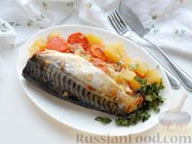 Фото к рецепту: Скумбрия с луком и морковью, в духовке