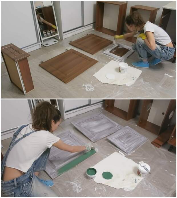 Поверхности мебельного гарнитура сначала нужно загрунтовать, а затем вскрывать краской нужного тона.