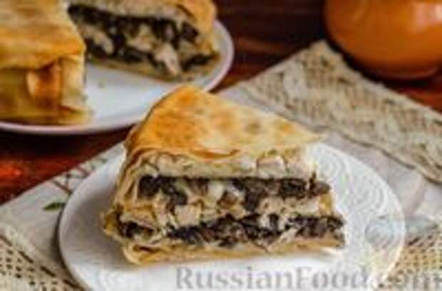 Фото к рецепту: Блинный пирог с курицей и грибами