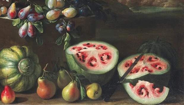 Джованни Станки - Натюрморт с арбузами, персиками, грушами и другими фруктами, около 1645–1672
