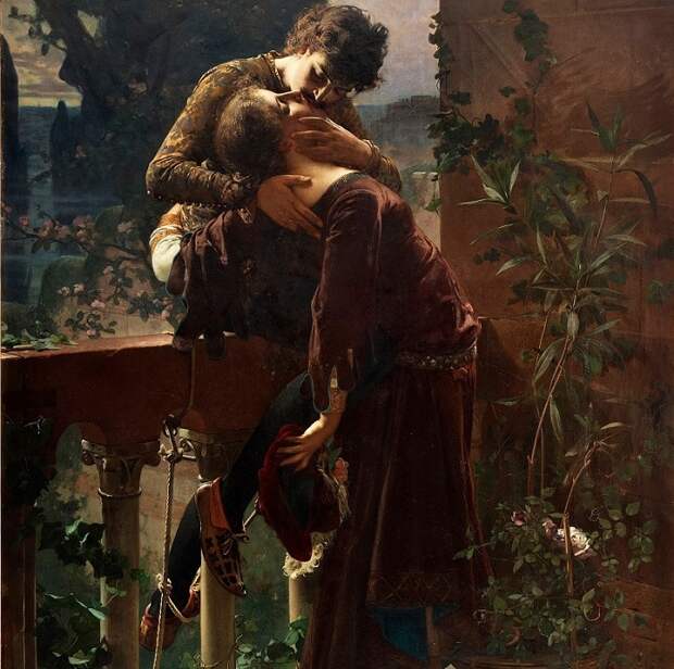 «Ромео и Джульетта на балконе» (1886 год). Автор: Юлиус Кронберг. «Целуй меня, целуй...» : Картины художников разных времен, увековечившие трепетность и нежность поцелуев