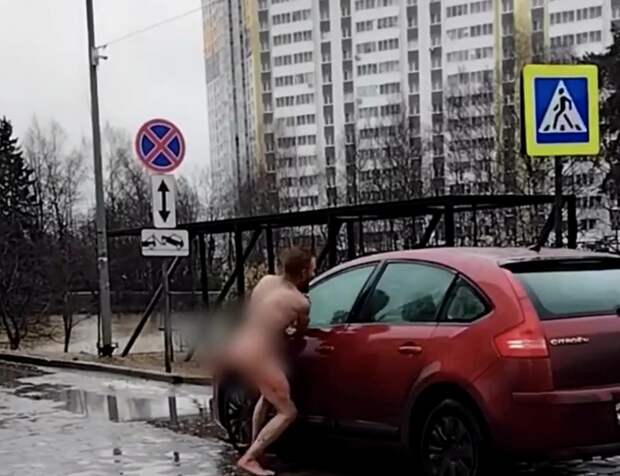 В Подмосковье голый мужчина оторвал зеркало у машины и попал на видео