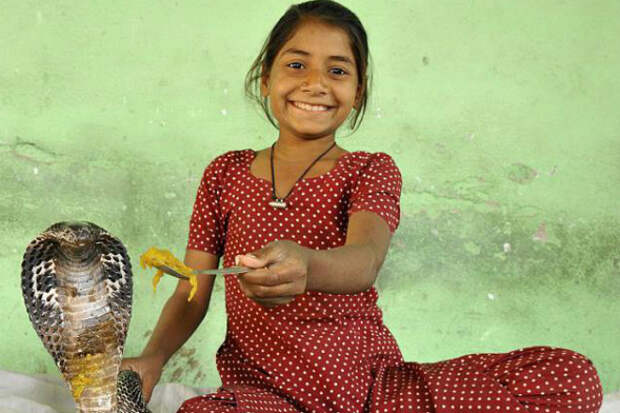 Девочка в Индии живет со змеями