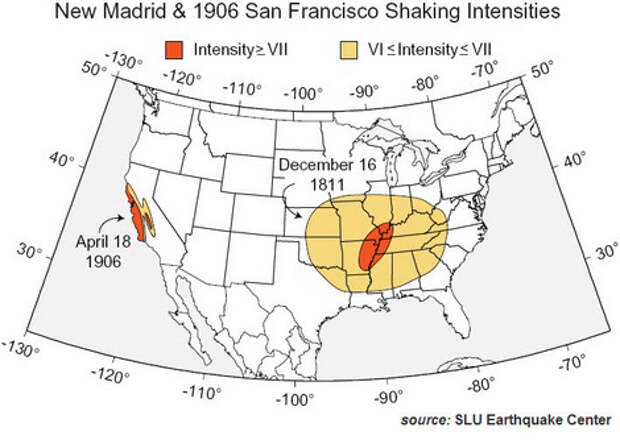 Карта интенсивности землетрясений близ г. Новый Мадрид