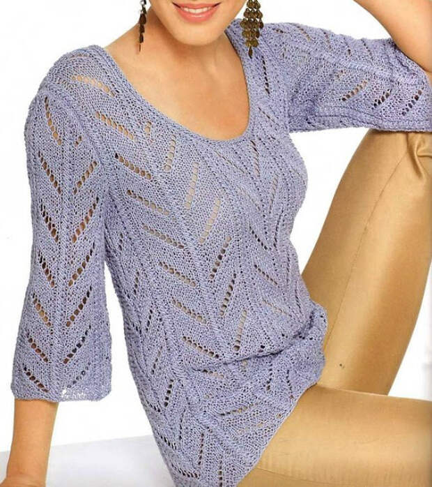 Ажурный лазурный пуловер спицами