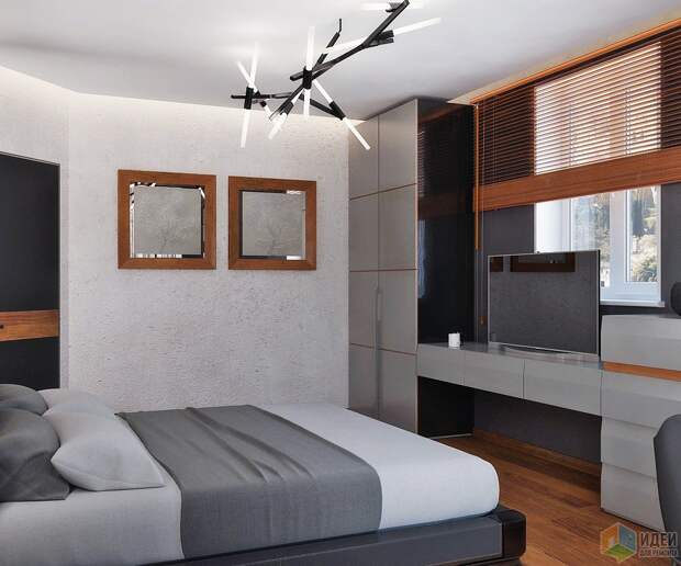 Дизайн спальни: Деревянные вливания в "черно-белое кино"