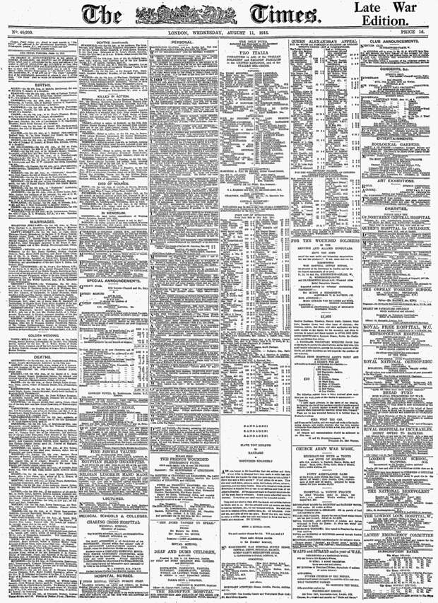 Газета The Times от 11 августа 1915 года. 