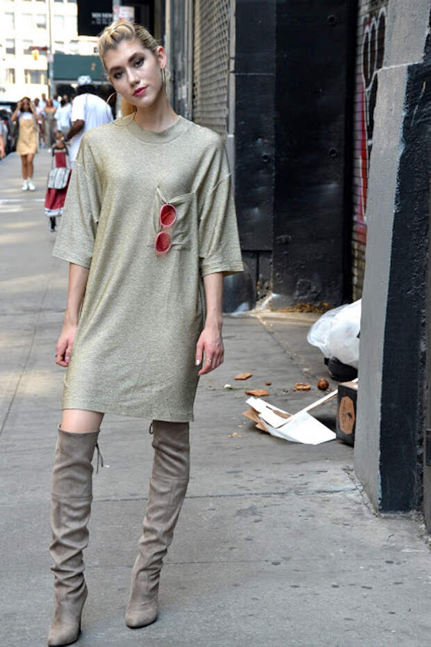 t shirt dress, metallic, over the knee boots, otk boots, gold, rose, new york street style, street style, fashion week, nyfw