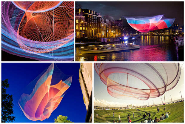 Американская художница Джанет Эчельман создает гигантские воздушные скульптуры-"медузы" из сетей интересно, искусство, нитки