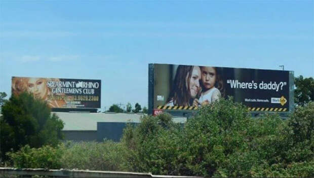 Рекламма частного мужского клуба с блек джеком и девками, сразу позади социальной рекламмы со слоганом "Куда ушел папа?" реклама, фейлы