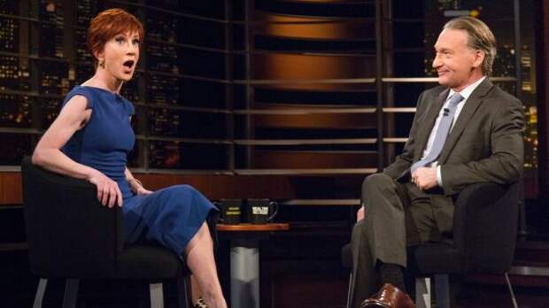 In this Friday, March 9, 2018 photo provided by HBO, comedian Kathy Griffin, left, appears with host Bill Maher on 