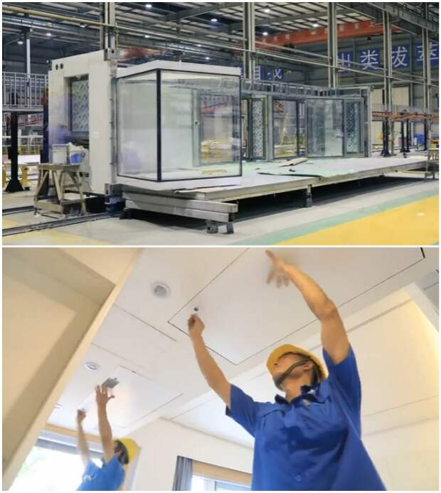 Внутренняя отделка, прокладка инженерно-санитарных коммуникаций и остекление квартир-модулей производится прямо на заводе (Чанша, Китай).