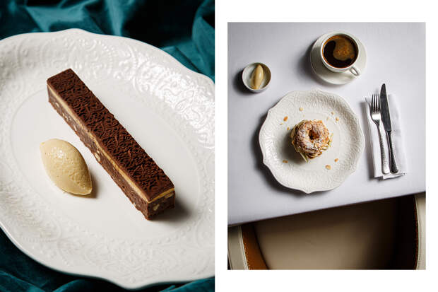 Холодный брауни с кешью и бананом / париж-брест с карамельно-миндальным кремом и грушей