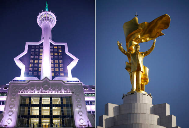 Слева — теле- и радиоцентр Ашхабада, справа — золотой памятник Сапармурату Ниязову