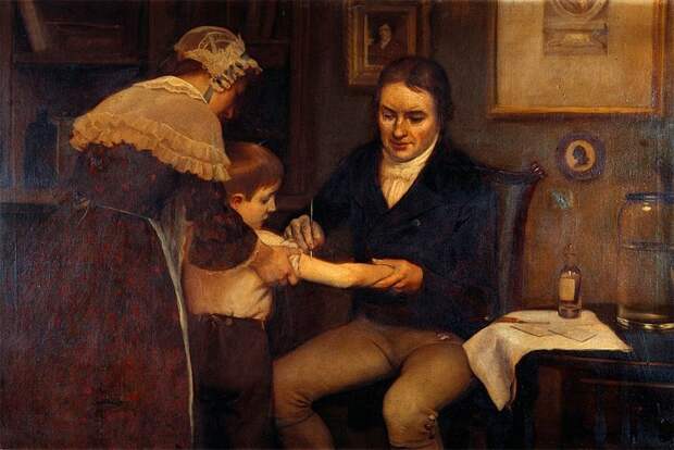 Vaccination: "Dr Jenner performing his first vaccination, on James Phipps, a boy of 8. May 14 1796»