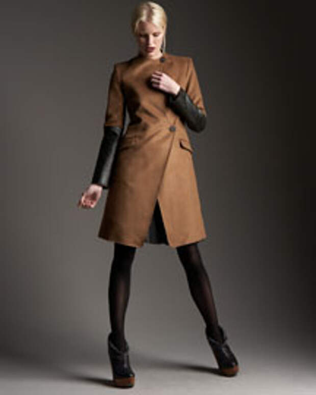 Derek Lam Leather-Cuff Riding Coat, Contrast-Cuff Silk Blouse & Chiffon-Pleat Leather Skirt