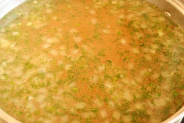 Спустя 5 минут добавьте фасоль, томатный соус и зелень укропа, поварите ещё 5 минут и суп готов.