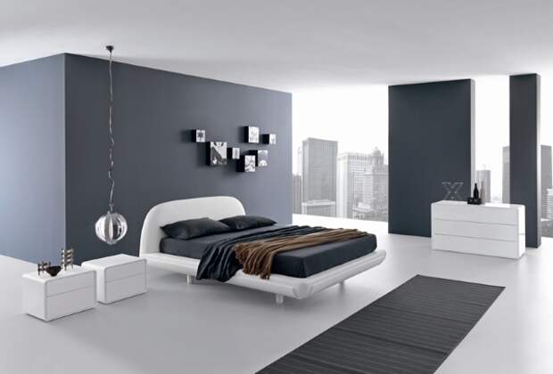Черно-белая спальня в стиле хай тек