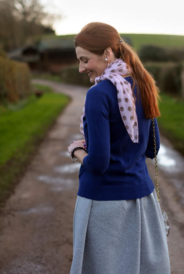 Pink polka dot scarf with navy and grey