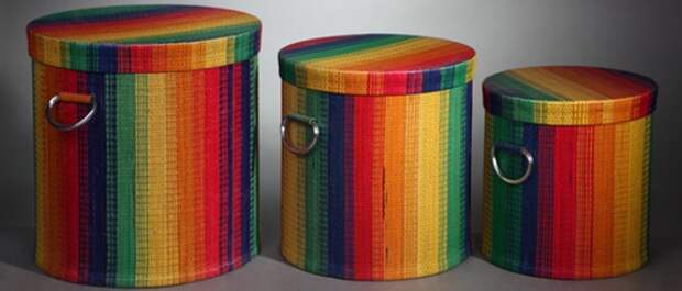 Набор радужных матерчатых корзин-коробов для белья с крышками и металлическими ручками
