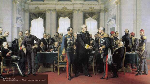 А. М. Горчаков (слева, сидит, касаясь руки Дизраэли), Отто фон Бисмарк (в центре, жмет руку Шувалову)