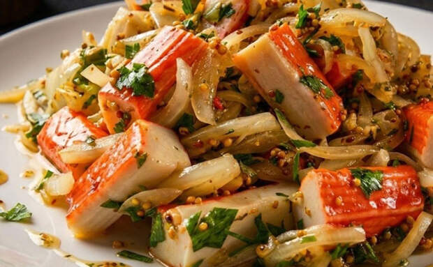 Смешали лук с крабовыми палочками. Простая закуска, которая всех удивит