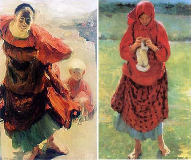 Баба с ребенком. / Крестьянская девушка с чулком. Автор: Ф.Малявин. Баба с ребенком. / Крестьянская девушка с чулком. Автор: Ф.Малявин.