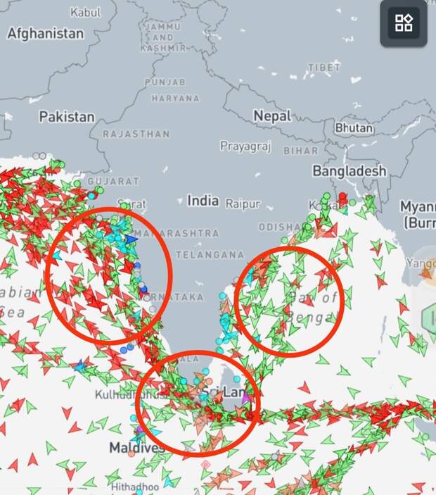 Онлайн карта движения судов. Район Бенгальского залива и побережья Индии