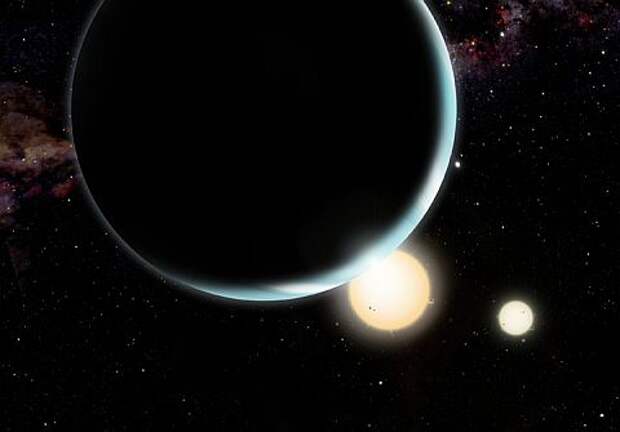 Оба солнца у планеты Kepler-34b — жёлтые светила спектрального класса G (иллюстрация David A. Aguilar, CfA).