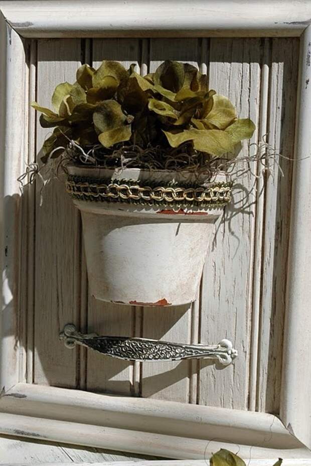 old frame, beadboard, terra cotta pot, vintage drawer pull