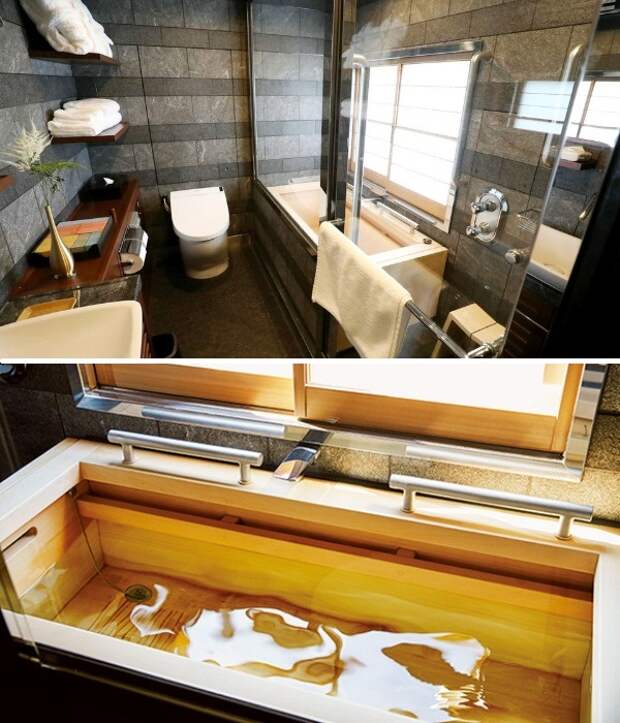 Ванная комната двухъярусного номера «Люкс» (Train Suite Shiki-shima). | Фото: archidom.ru.